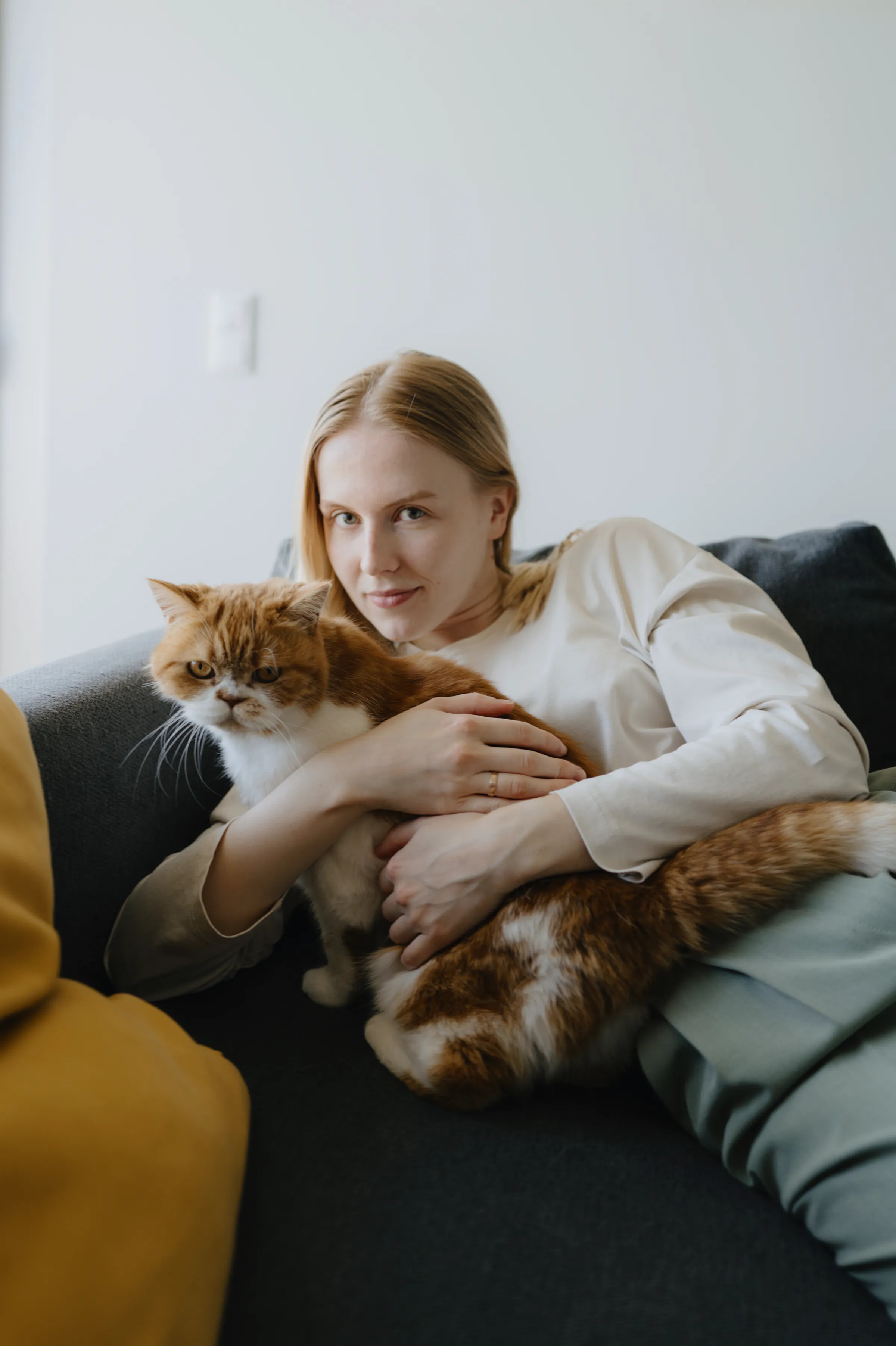 Indoor portrait of a person reclining on a sofa while holding a fluffy cat